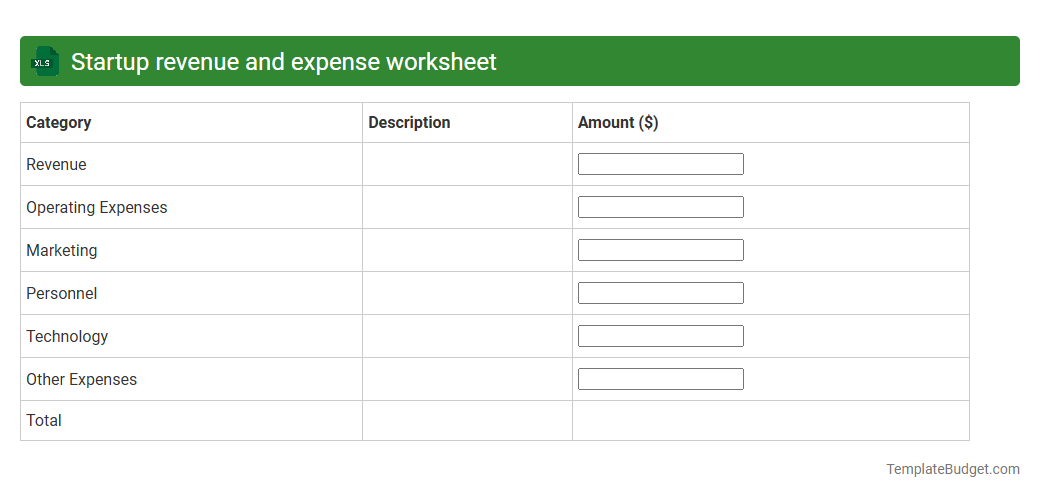 Startup revenue and expense worksheet