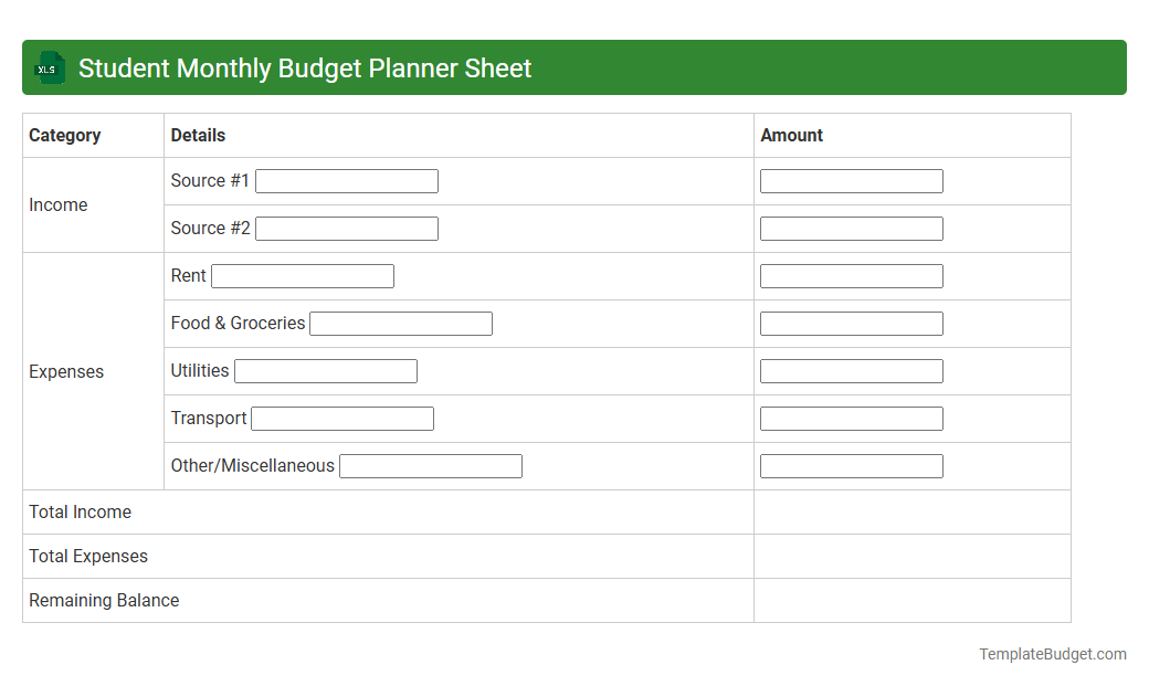 Student Monthly Budget Planner Sheet