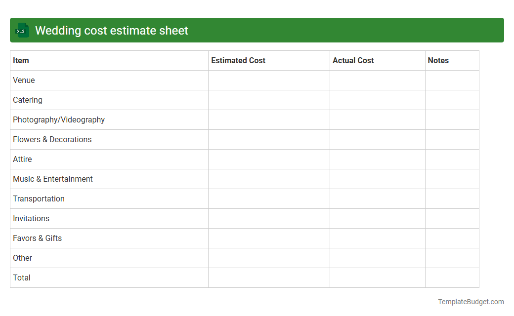 Wedding cost estimate sheet