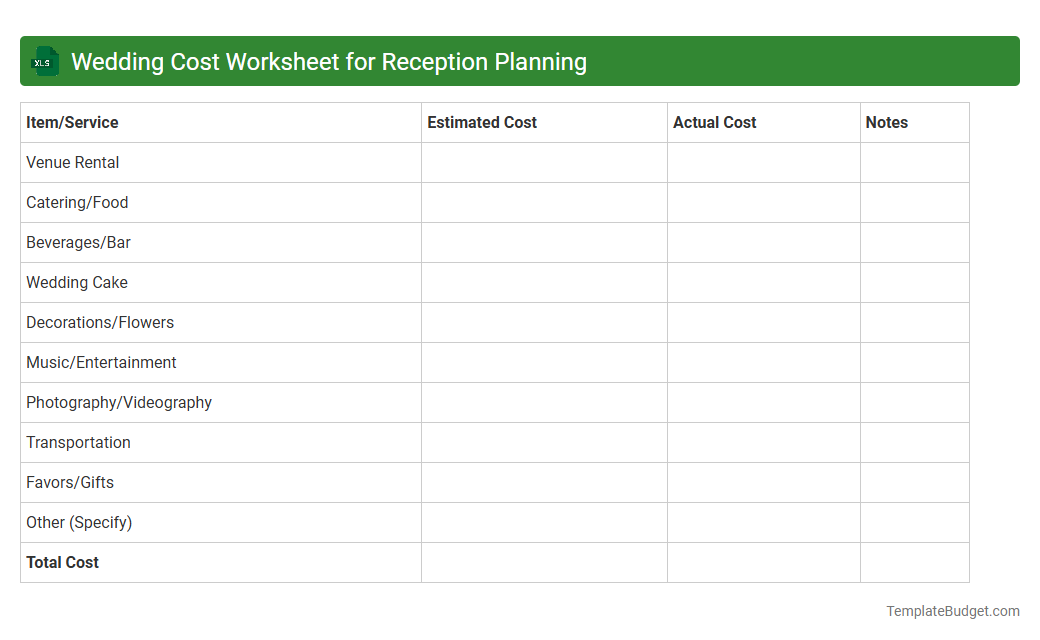 Wedding Cost Worksheet for Reception Planning