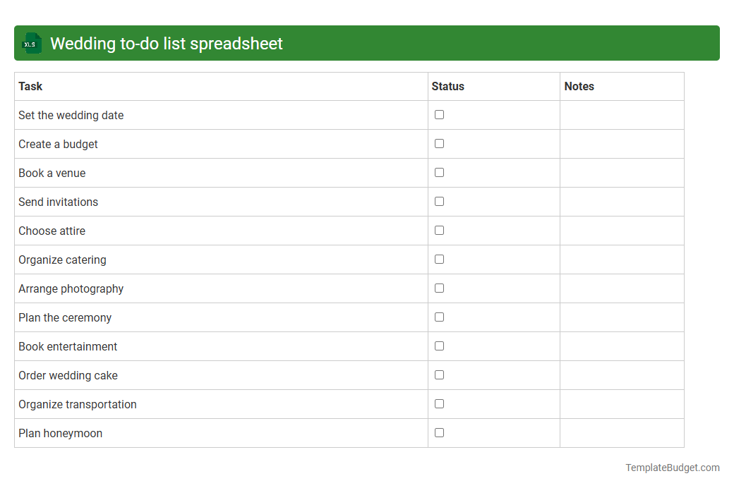 Wedding to-do list spreadsheet