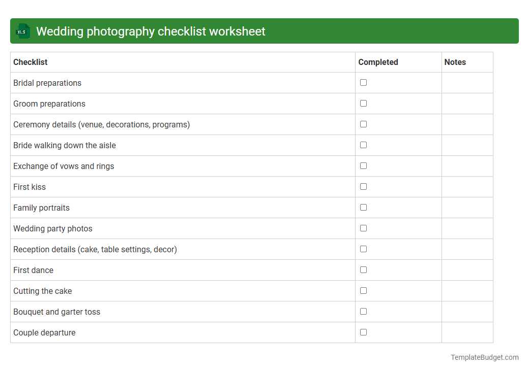 Wedding photography checklist worksheet