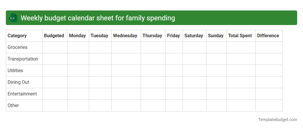 Weekly budget calendar sheet for family spending