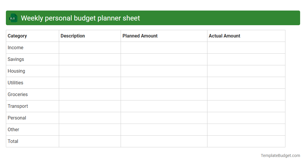 Weekly personal budget planner sheet