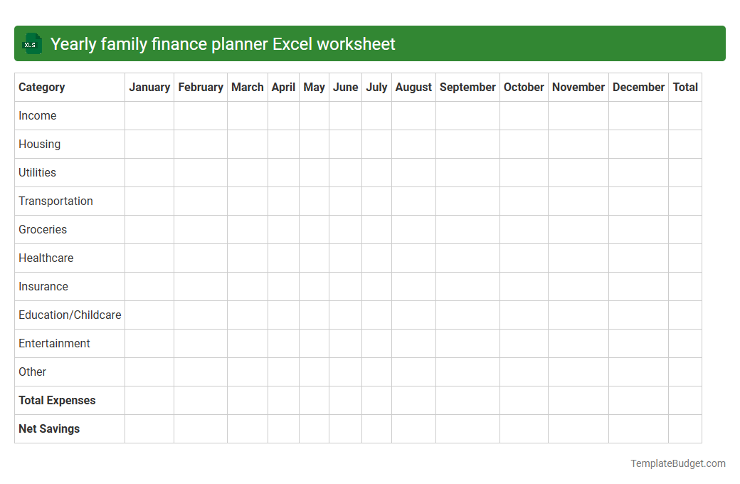 Yearly family finance planner Excel worksheet