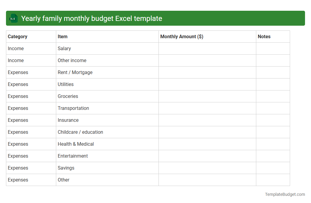 Yearly family monthly budget Excel template