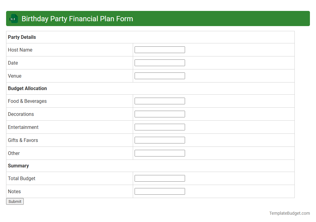 Birthday Party Financial Plan Form
