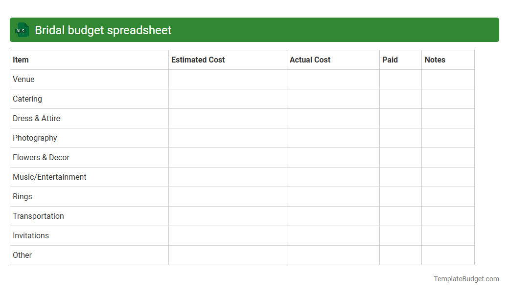 Bridal budget spreadsheet
