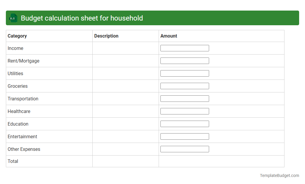 Budget calculation sheet for household