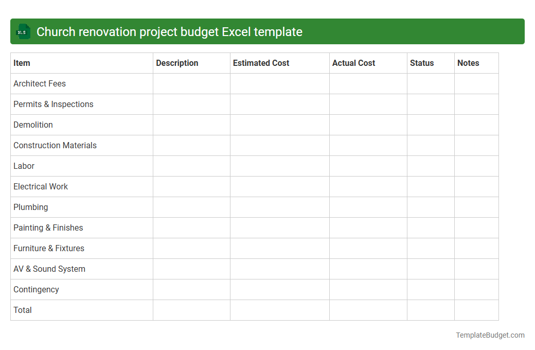 Church renovation project budget Excel template