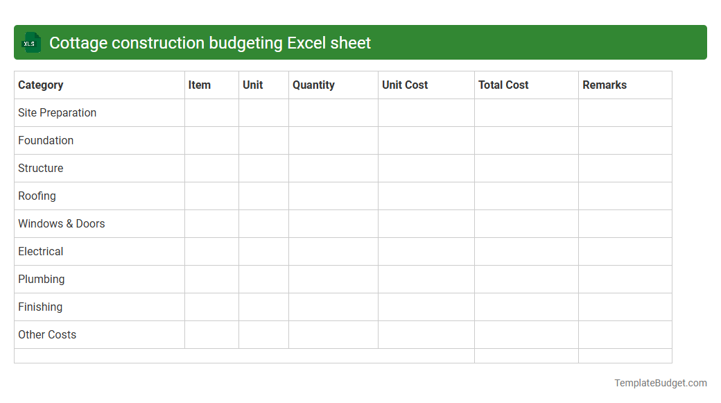 Cottage construction budgeting Excel sheet