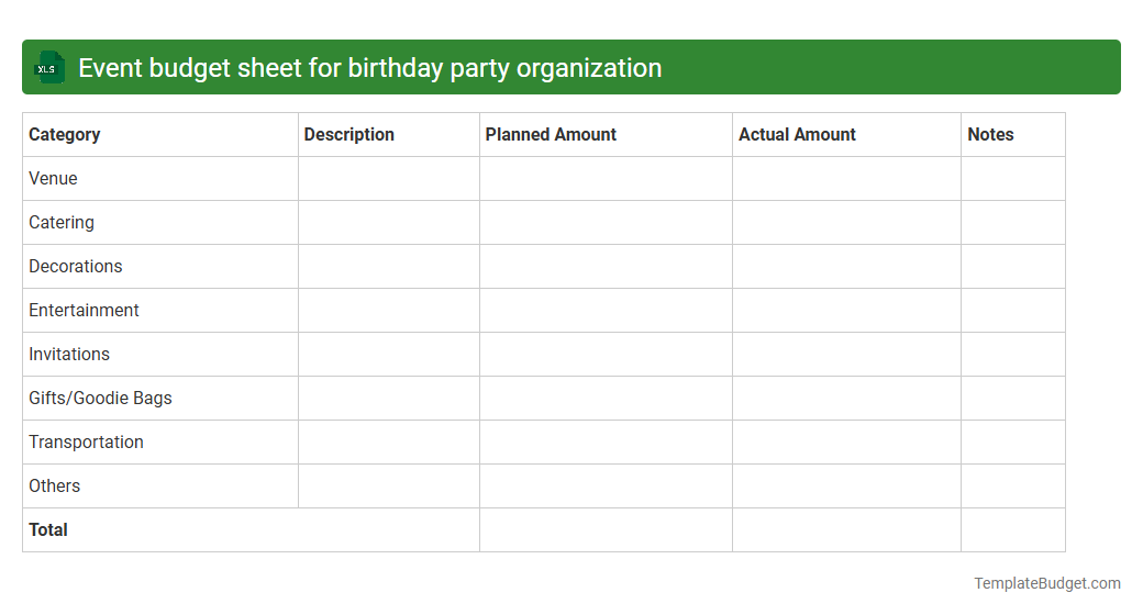 Event budget sheet for birthday party organization