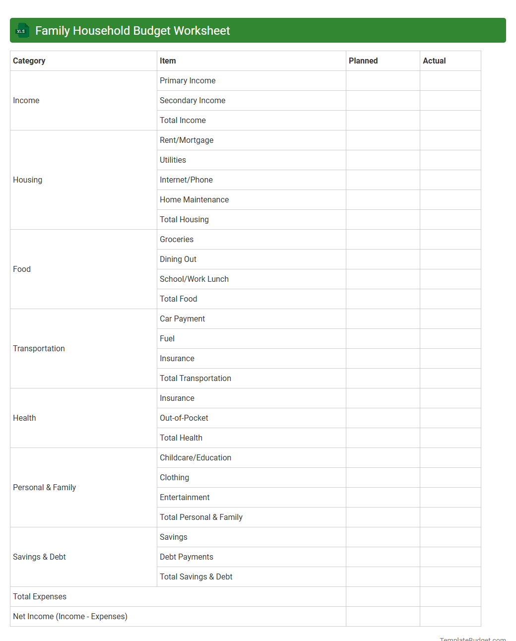 Family Household Budget Worksheet