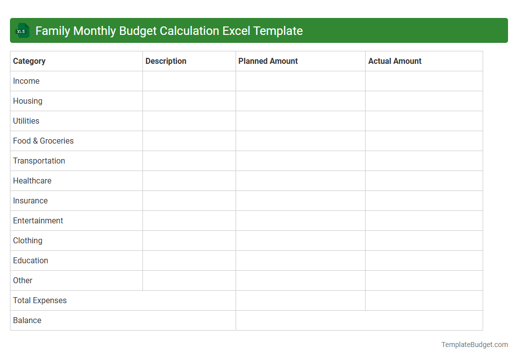 Family Monthly Budget Calculation Excel Template