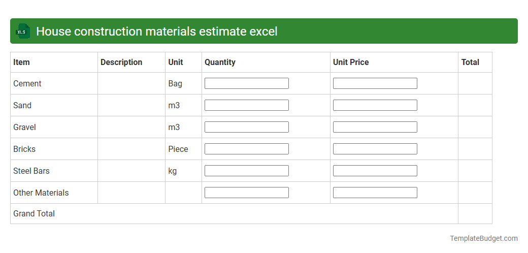House construction materials estimate excel