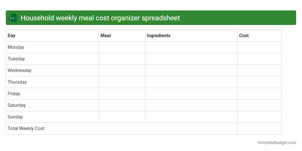 Household weekly meal cost organizer spreadsheet