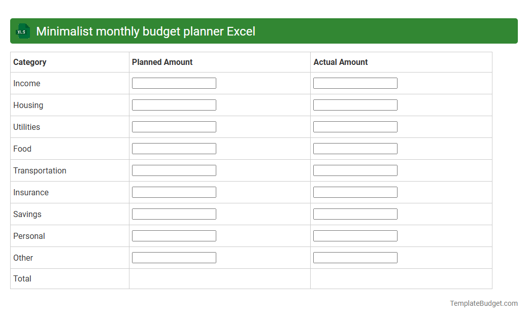 Minimalist monthly budget planner Excel