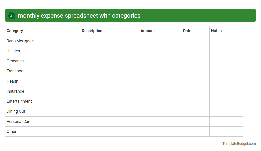 monthly expense spreadsheet with categories