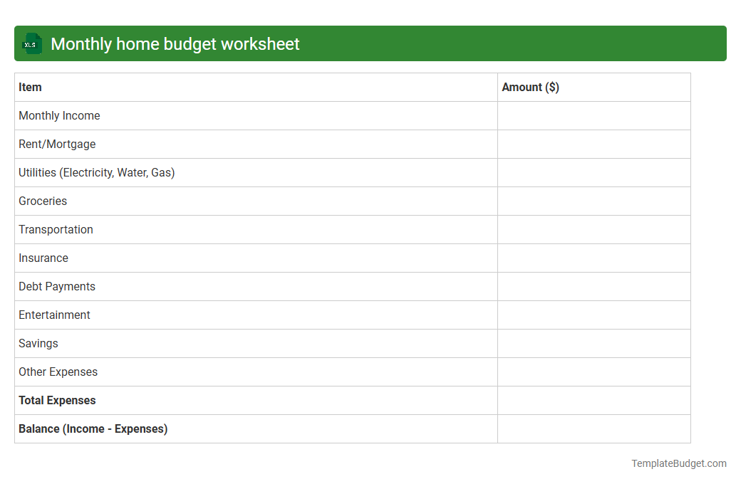 Monthly home budget worksheet