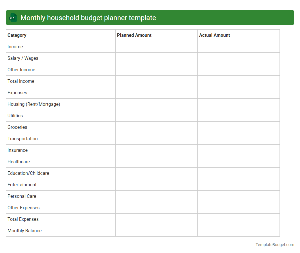 Monthly household budget planner template