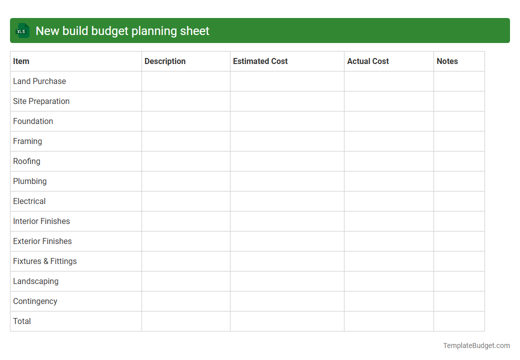 New build budget planning sheet