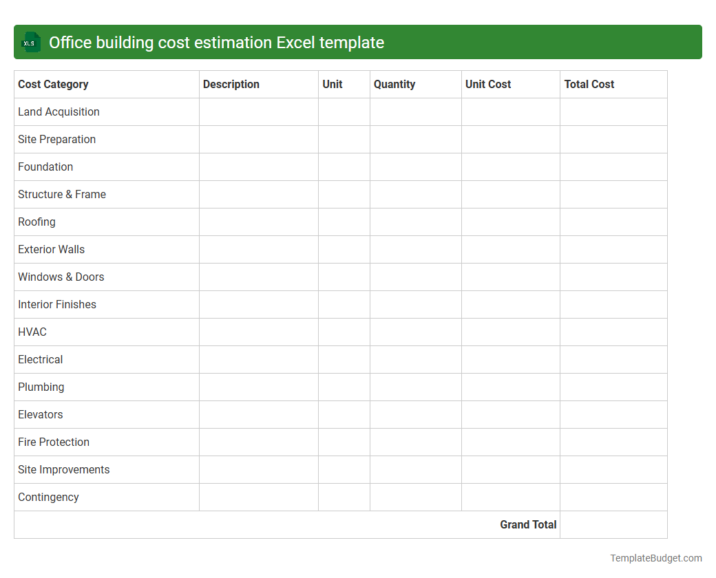 Office building cost estimation Excel template
