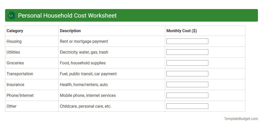 Personal Household Cost Worksheet