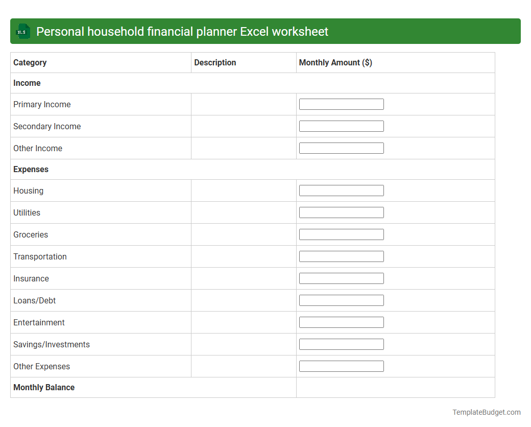 Personal household financial planner Excel worksheet