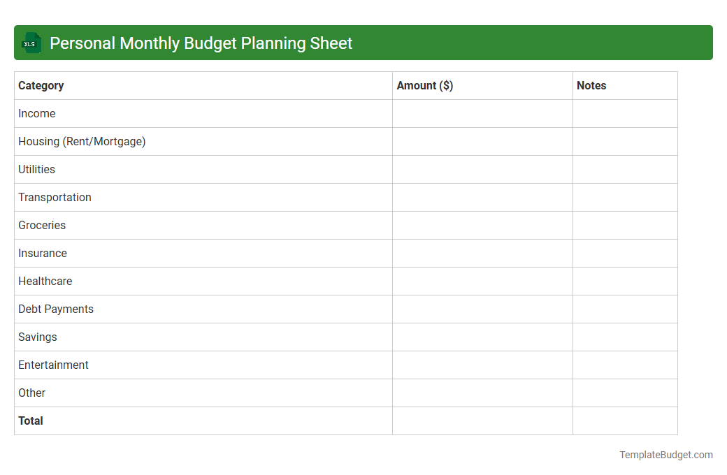 Personal Monthly Budget Planning Sheet