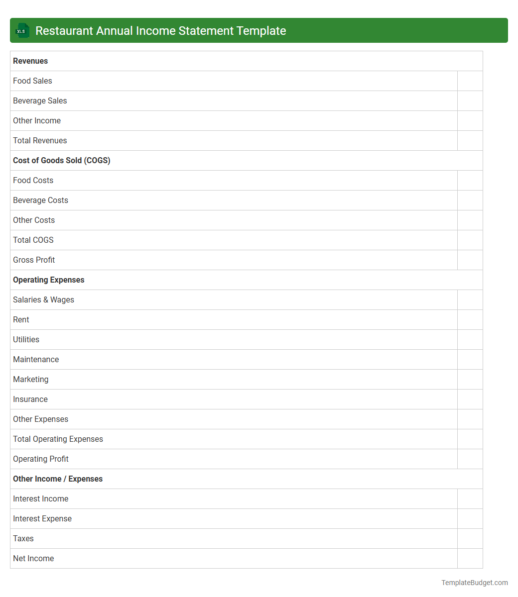 Restaurant Annual Income Statement Template