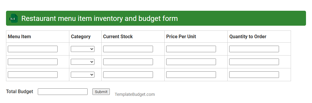 Restaurant menu item inventory and budget form