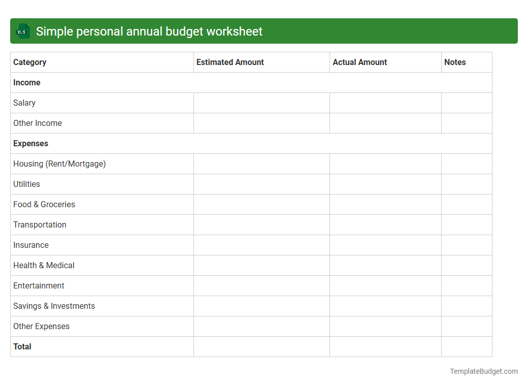 Simple personal annual budget worksheet