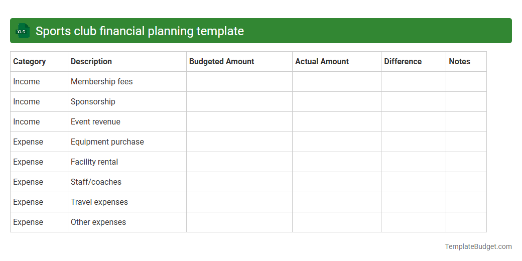 Sports club financial planning template