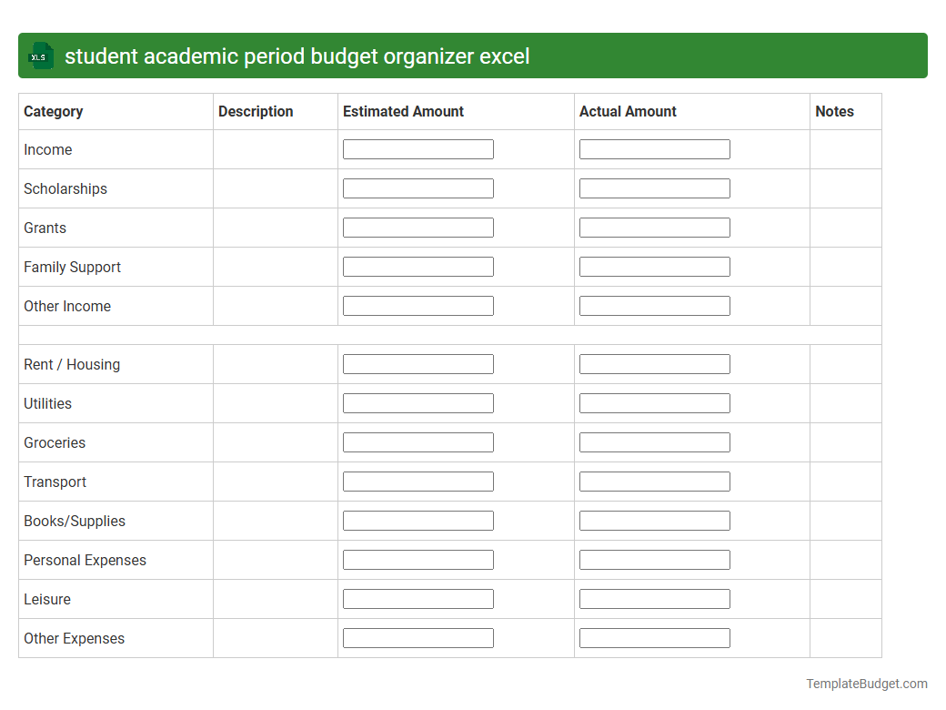 student academic period budget organizer excel
