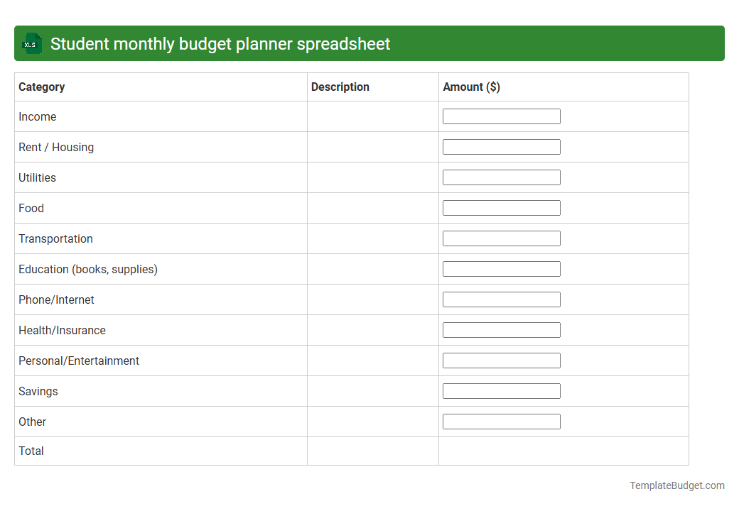 Student monthly budget planner spreadsheet
