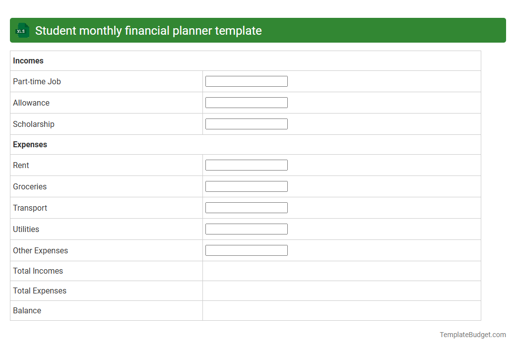 Student monthly financial planner template