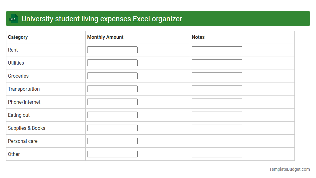 University student living expenses Excel organizer