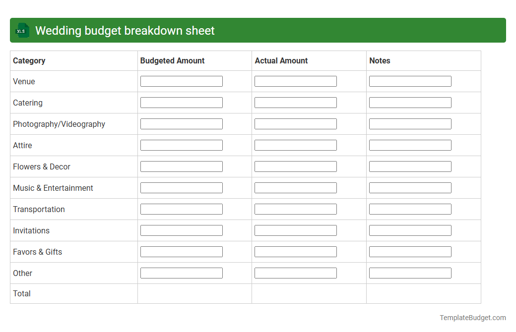 Wedding budget breakdown sheet