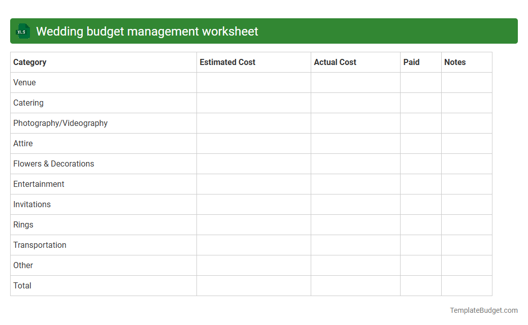 Wedding budget management worksheet