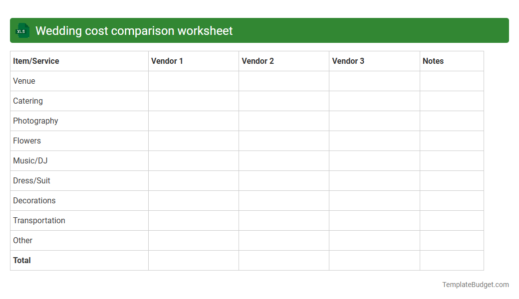 Wedding cost comparison worksheet