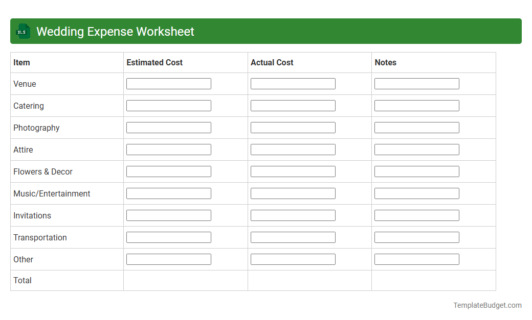 Wedding Expense Worksheet