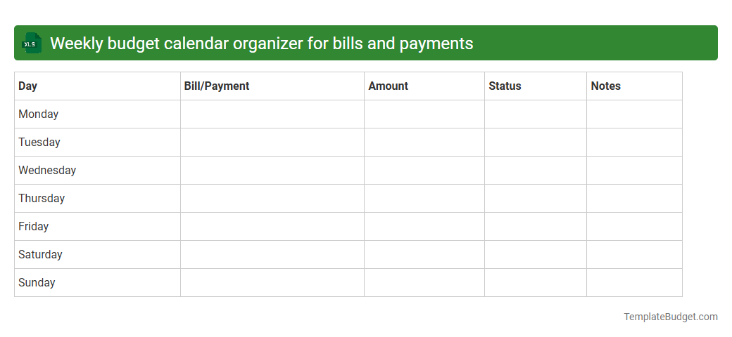 Weekly budget calendar organizer for bills and payments