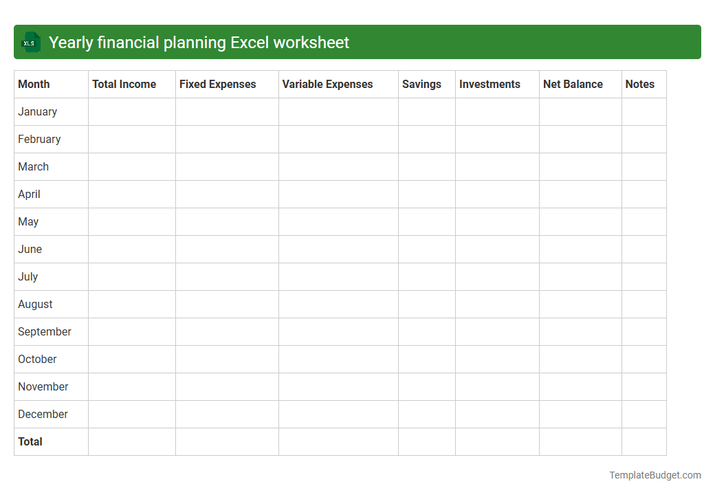 Yearly financial planning Excel worksheet