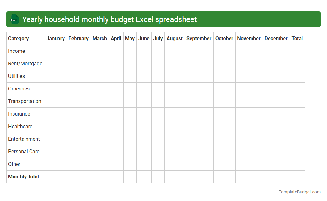 Yearly household monthly budget Excel spreadsheet