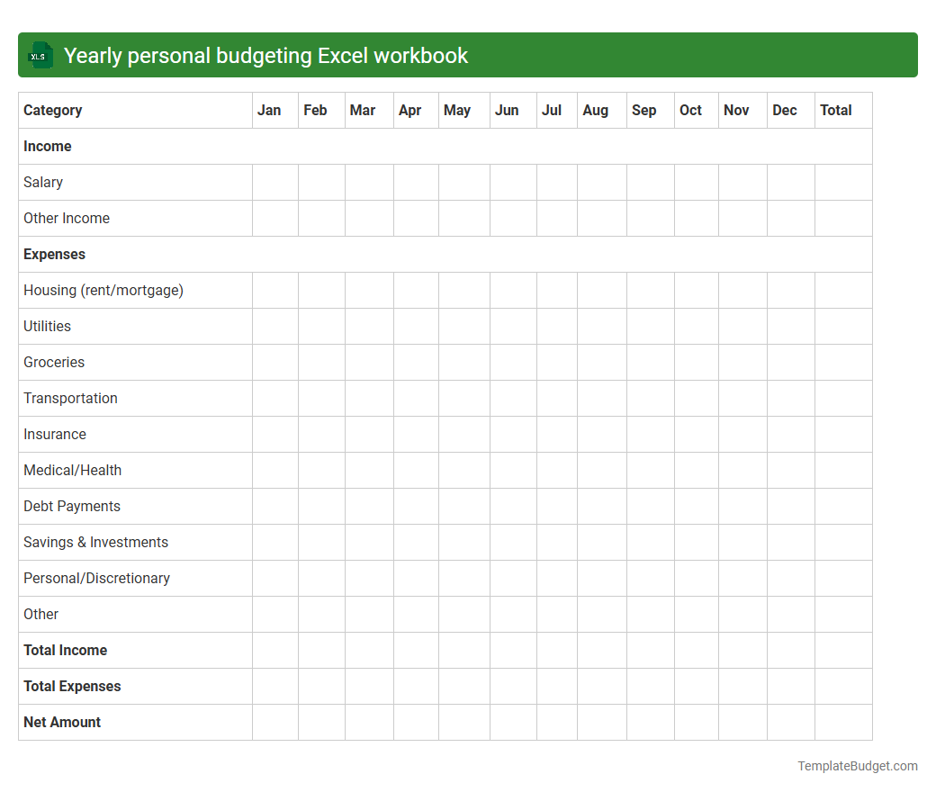 Yearly personal budgeting Excel workbook