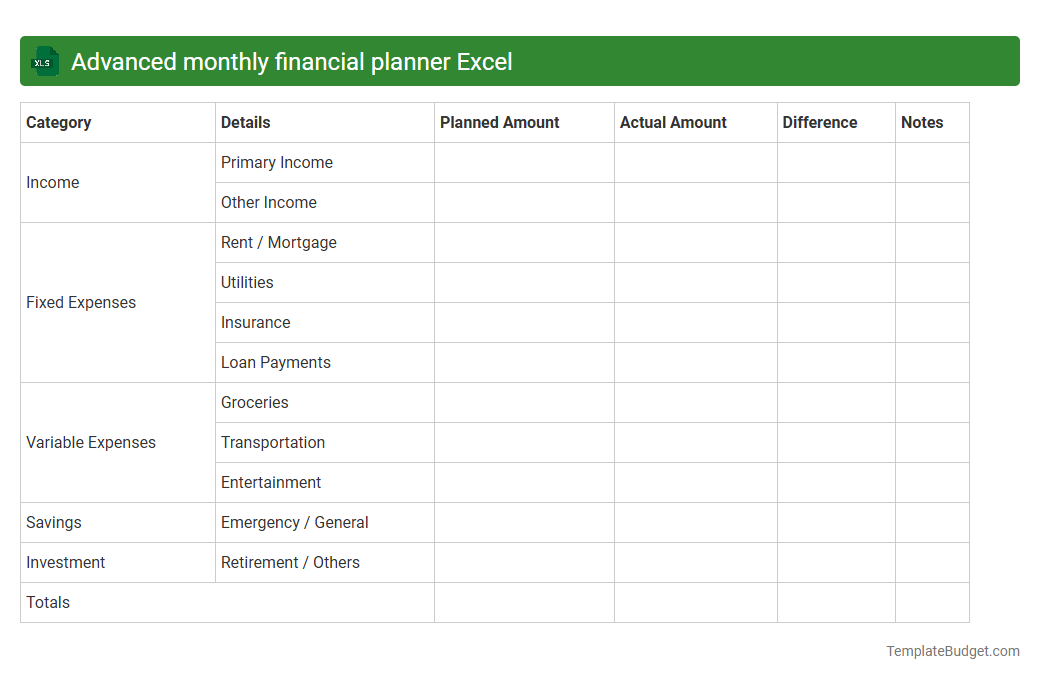 Advanced monthly financial planner Excel