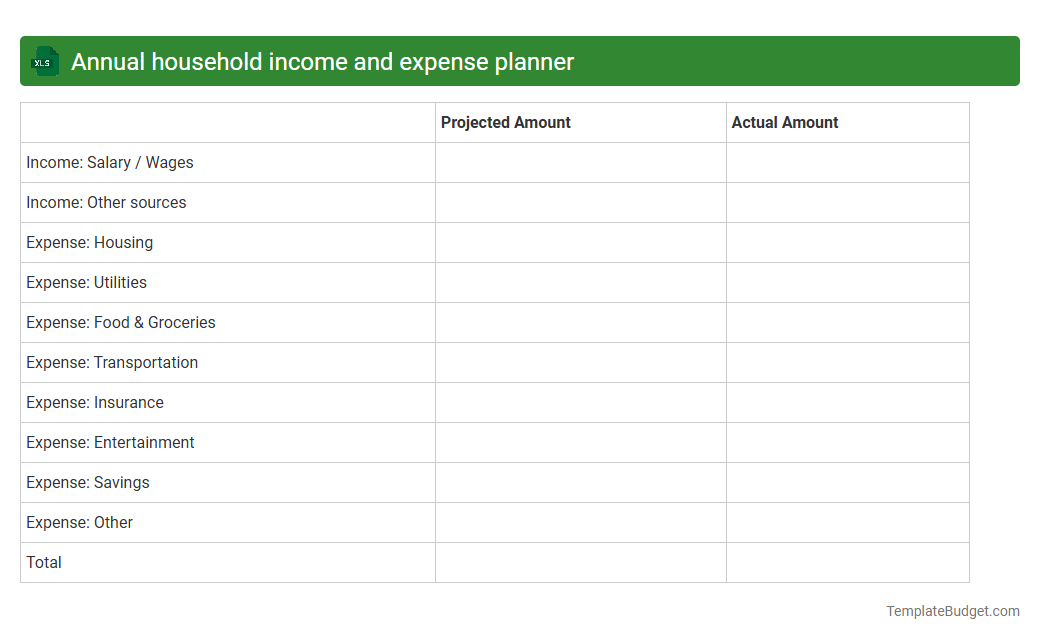 Annual household income and expense planner