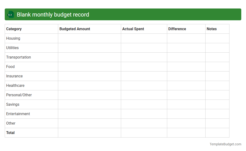 Blank monthly budget record