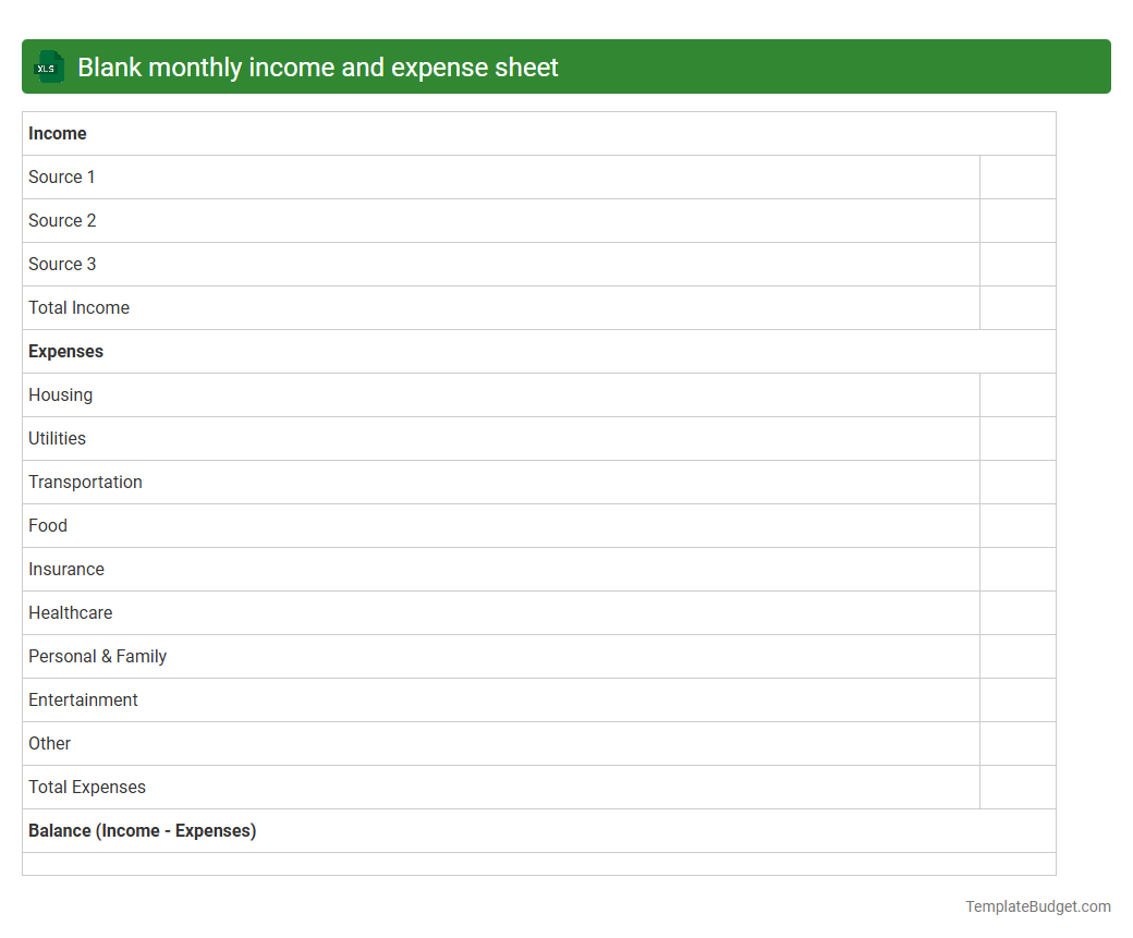 Blank monthly income and expense sheet