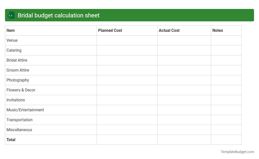 Bridal budget calculation sheet